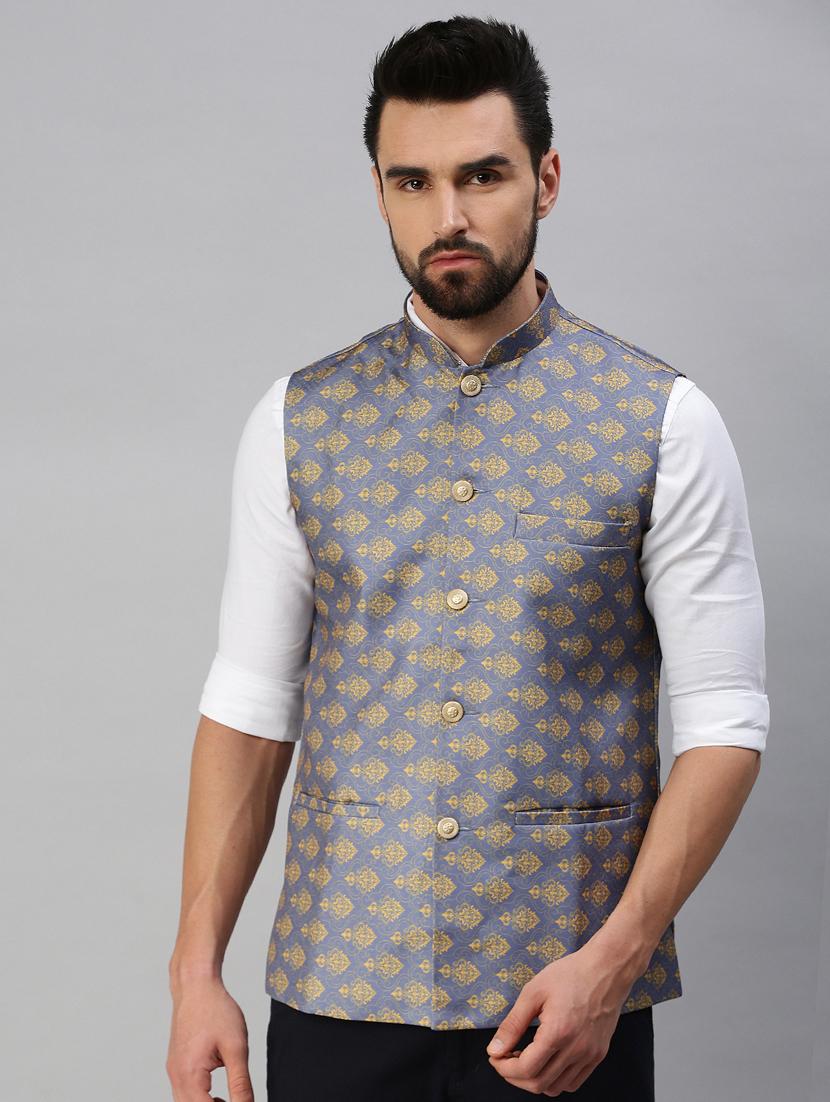 blue self-designed nehru jacket - 18395150 - Zoom Image - 0