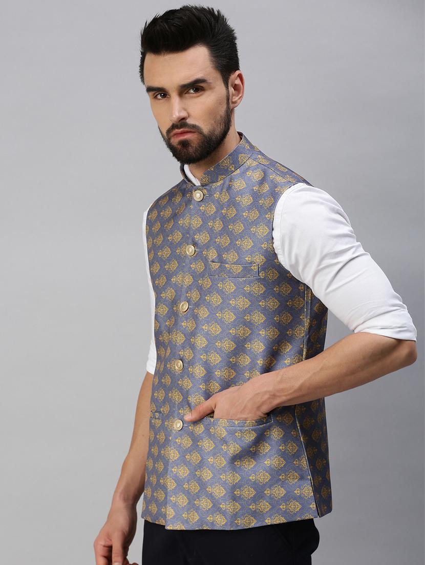blue self-designed nehru jacket - 18395150 - Standard Image - 1