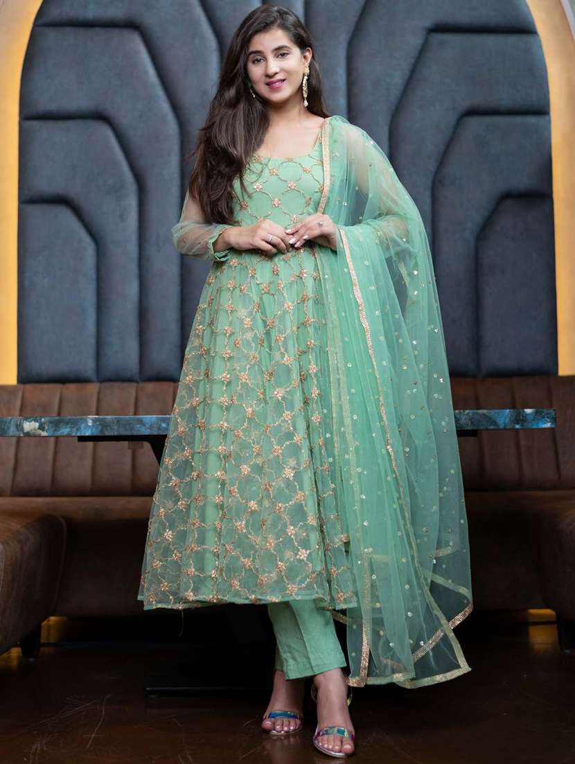 green straight pant suit semi-stitched suit