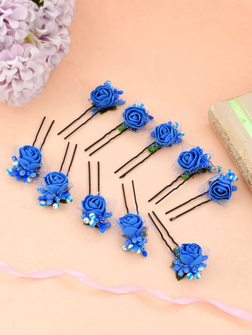 set of 10 blue flower juda hair bun accessory set