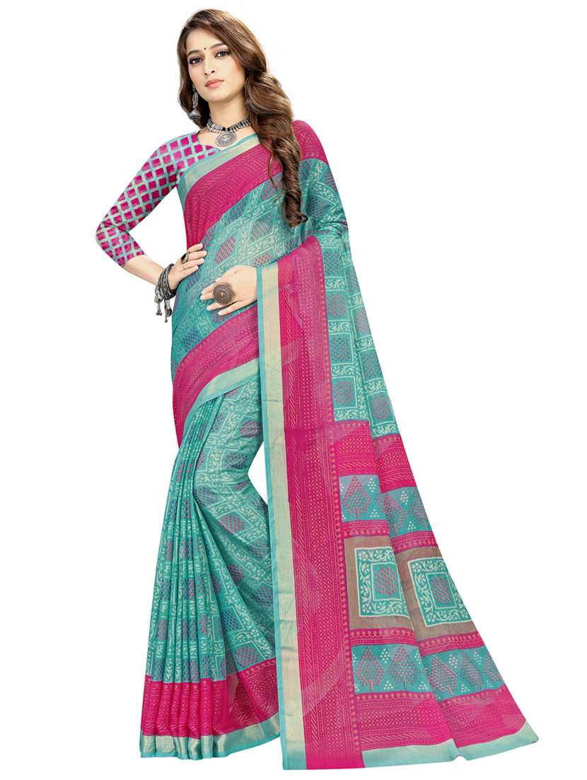 women's printed turquoise colored saree
