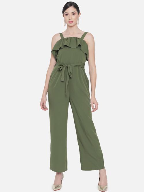 tie front solid full leg jumpsuit - 18396463 - Standard Image - 0
