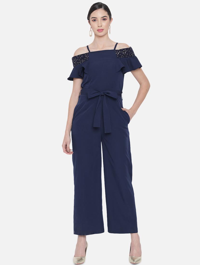 tie front solid full leg jumpsuit - 18396469 -  Standard Image - 1