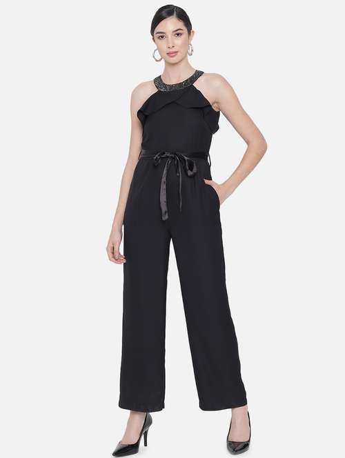tie front solid full leg jumpsuit - 18396472 -  Standard Image - 0