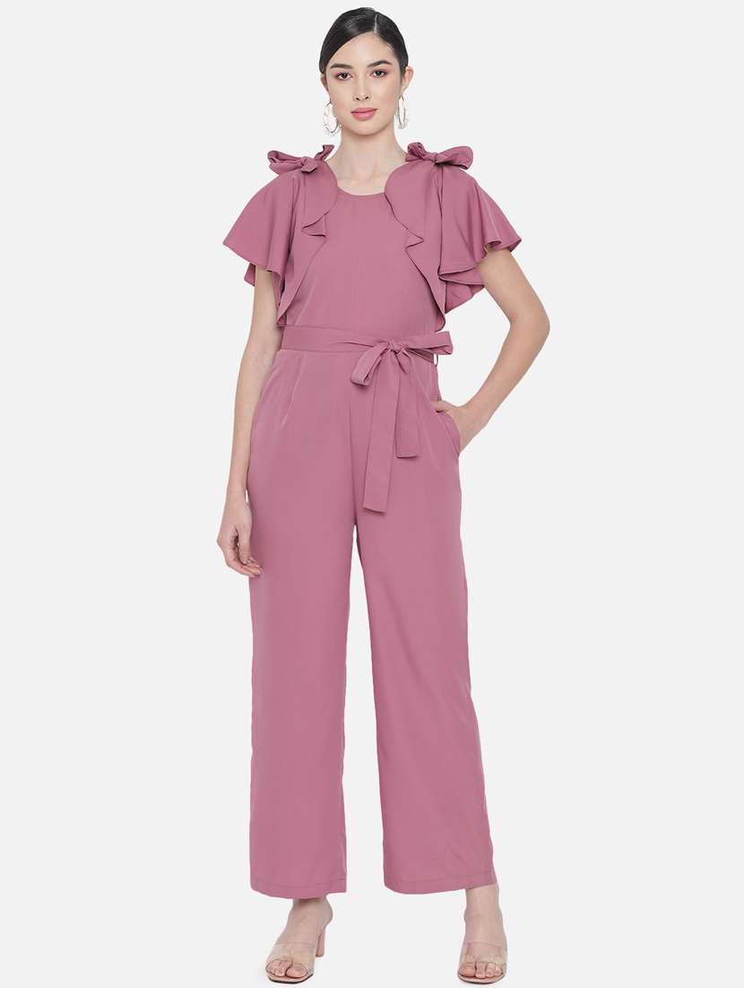 tie knot detail solid full leg jumpsuit