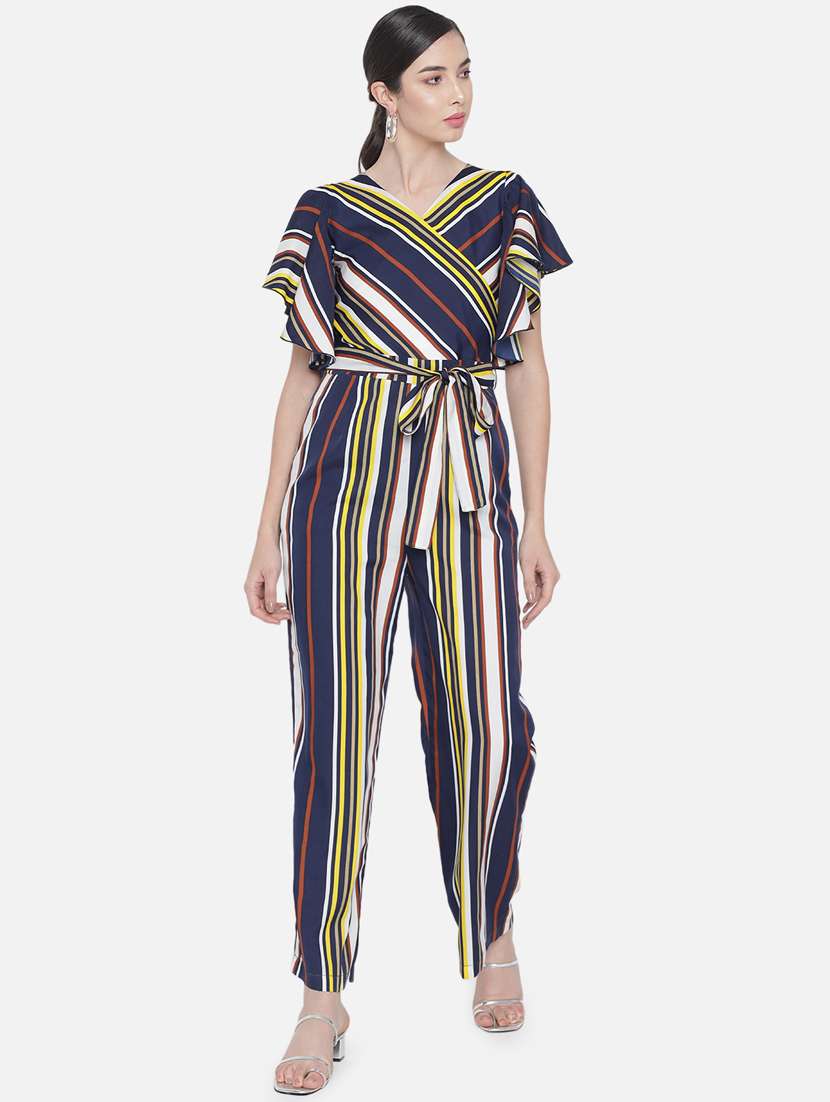 tie front striped full leg jumpsuit - 18396477 -  Zoom Image - 0