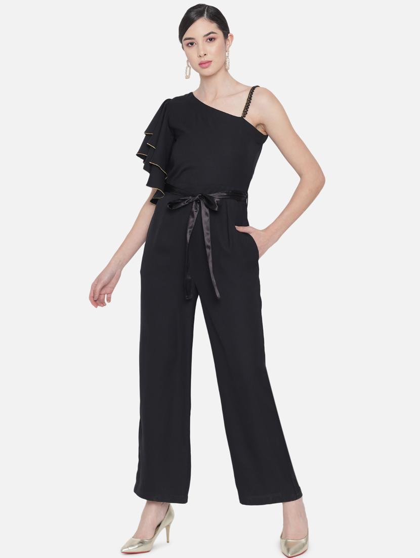 tie front solid full leg jumpsuit - 18396480 -  Zoom Image - 0