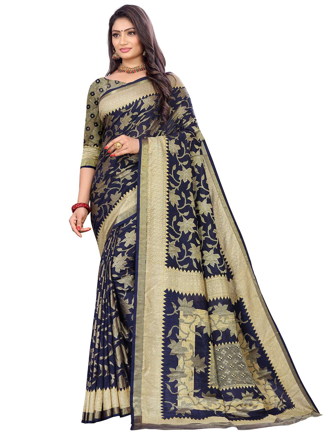 multi colored linen printed saree with blouse