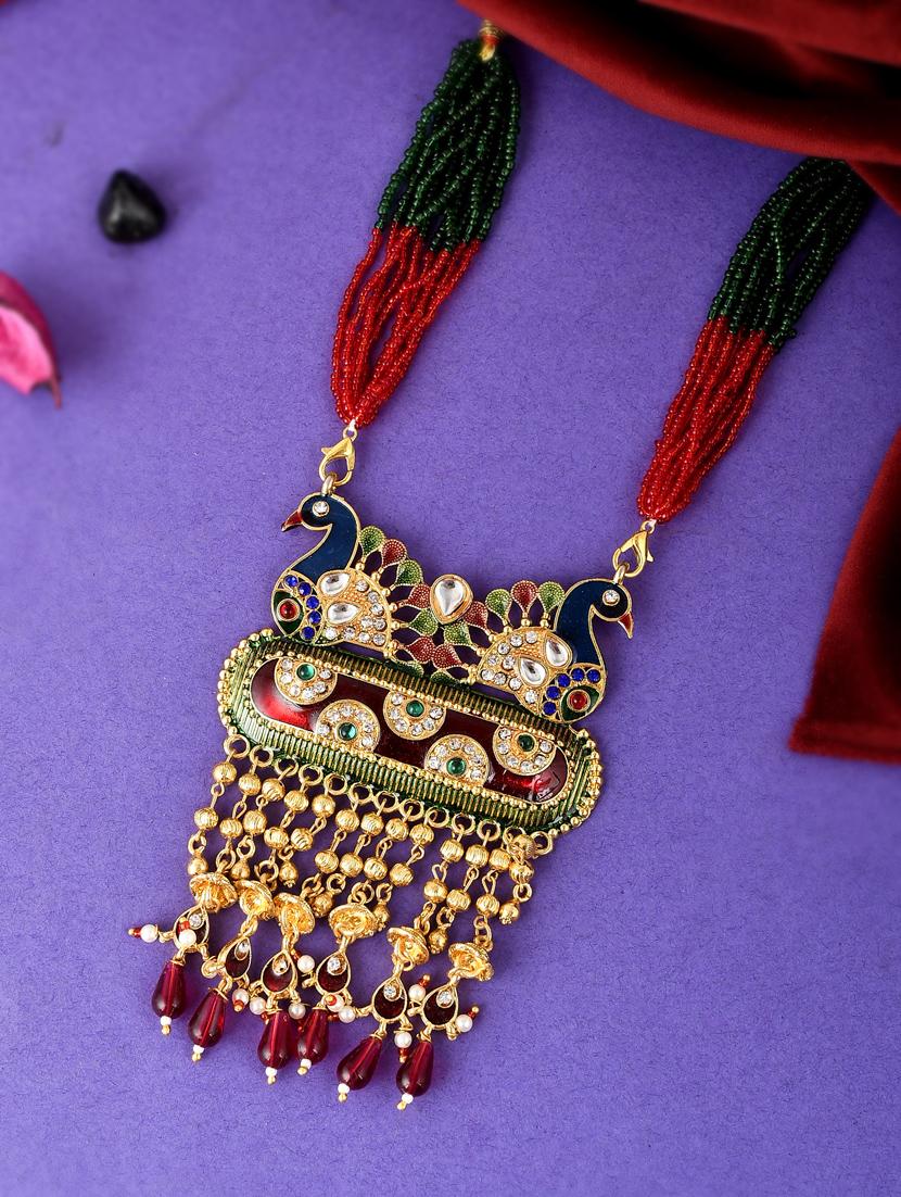 gold plated peacock designed meenakari necklace - 18397097 - Zoom Image - 0
