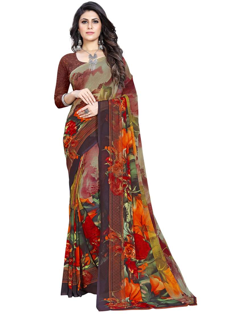 brown printed saree with blouse