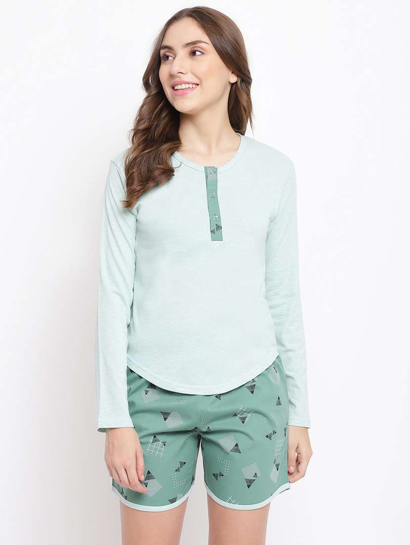 round neck printed nightwear shorts set 