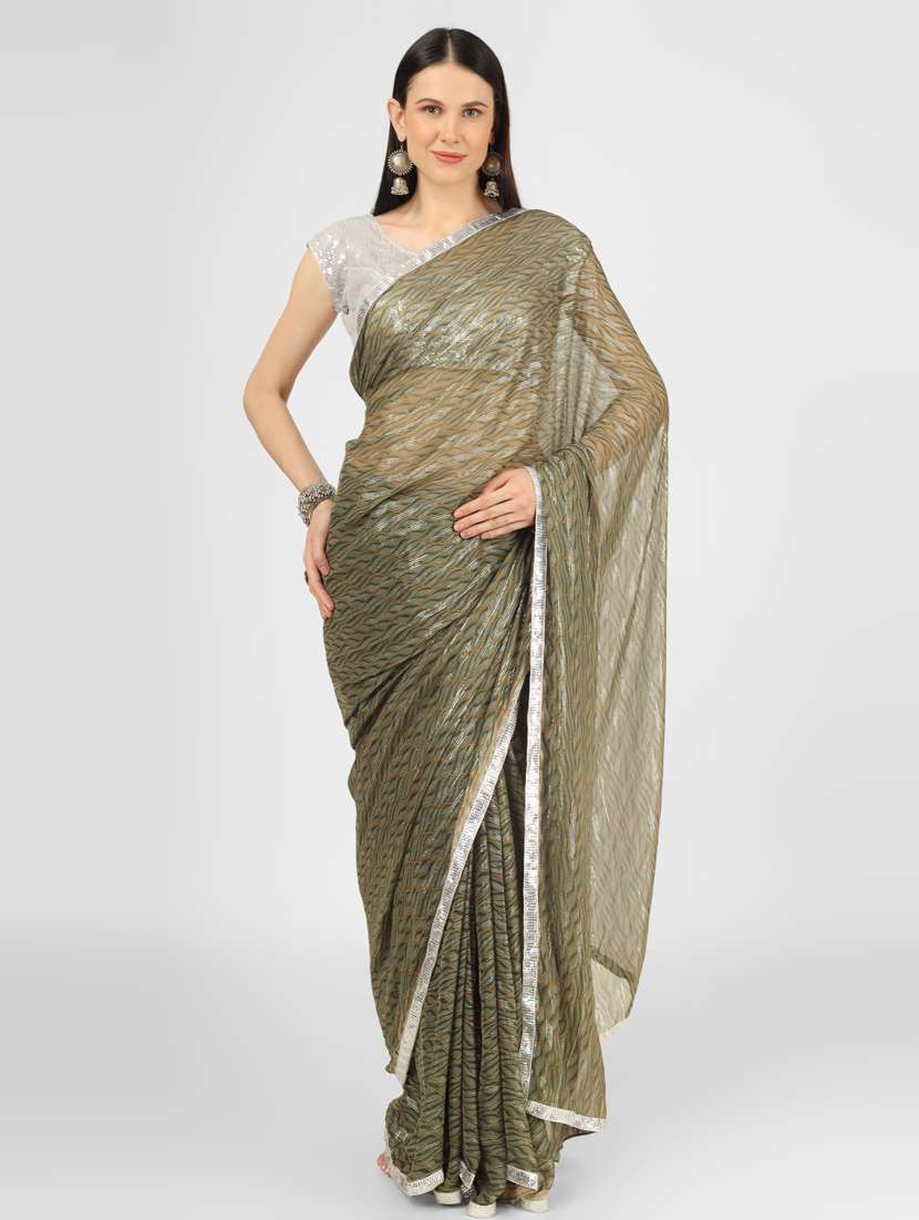women's printed olive colored saree - 18397677 -  Zoom Image - 0