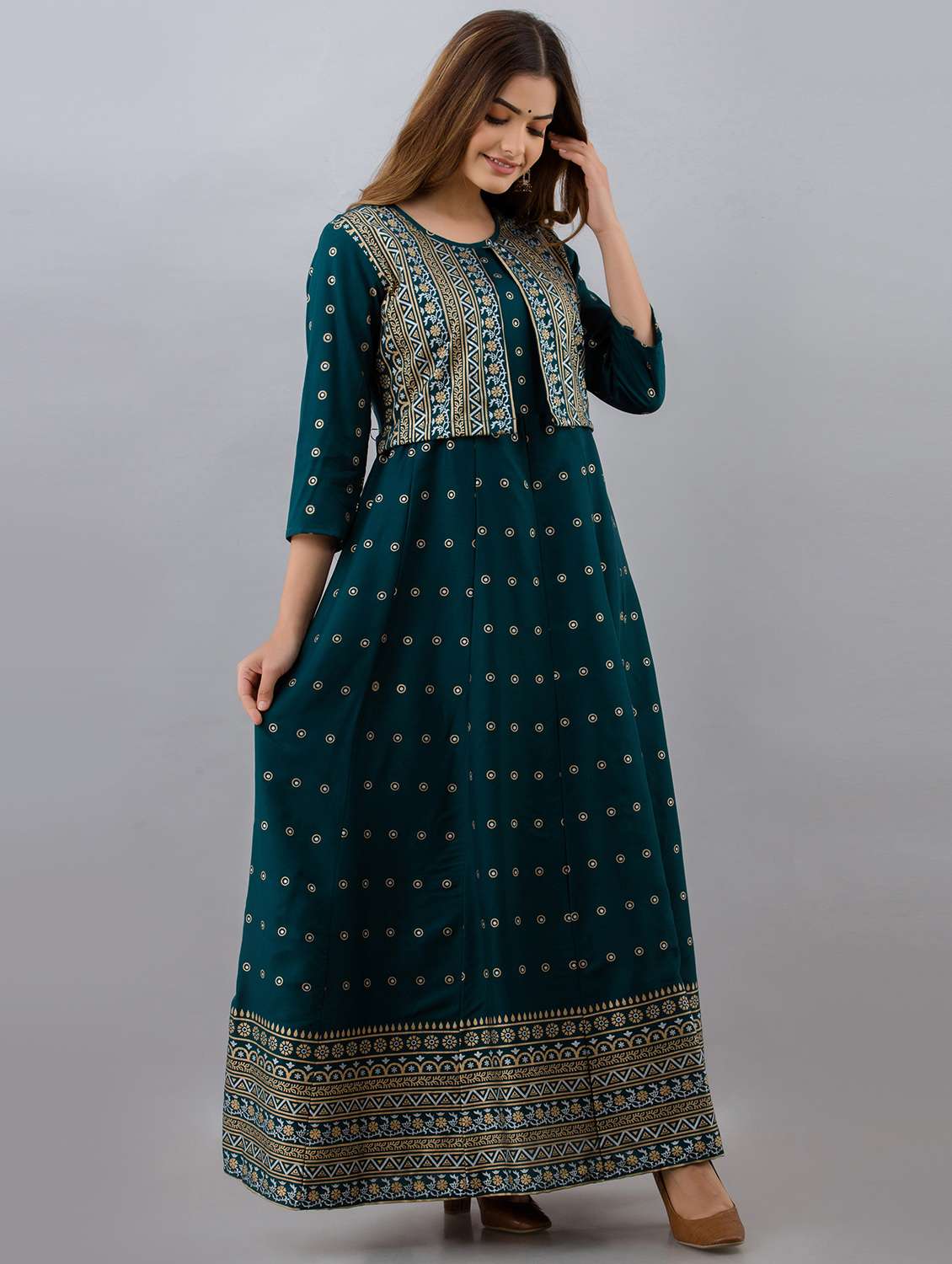 blue printed flared kurta - 18397928 -  Standard Image - 1
