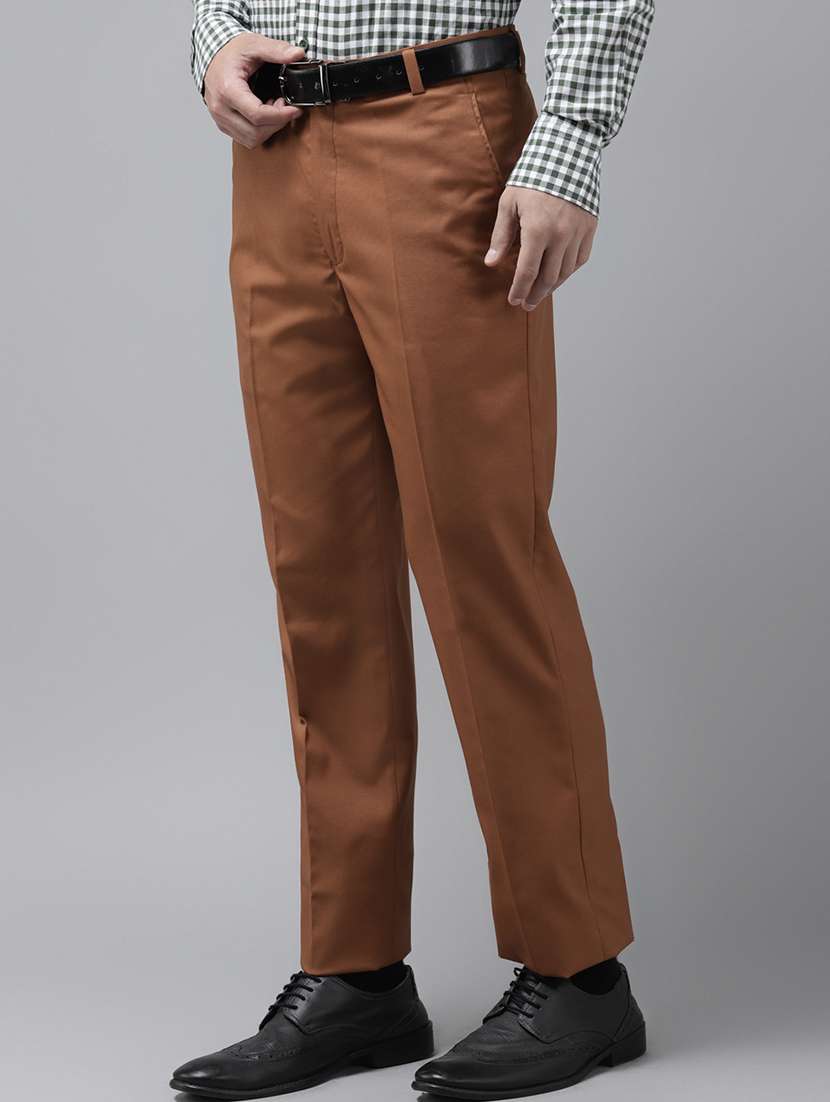 brown solid flat front casual trouser - 18397956 -  Standard Image - 1