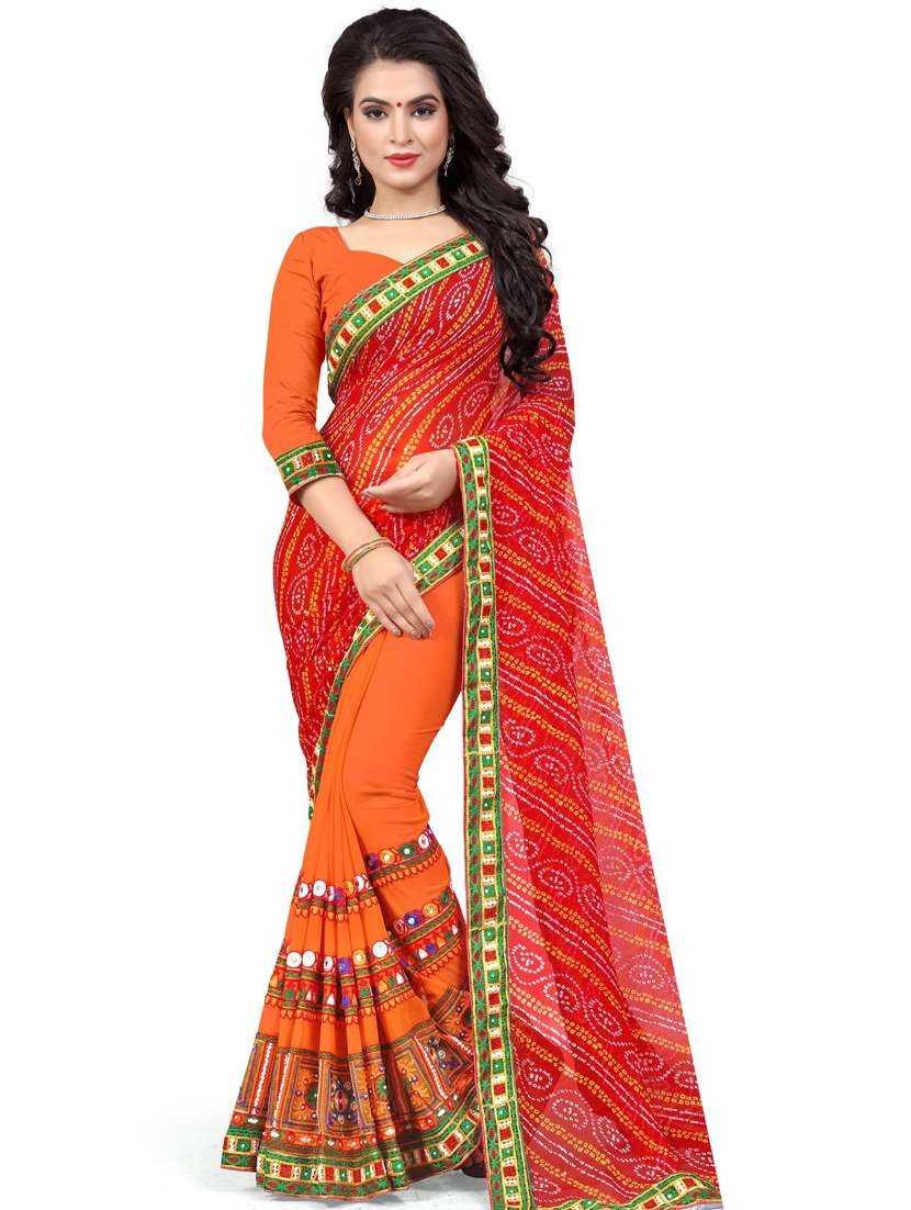 women's bandhani red colored saree with blouse