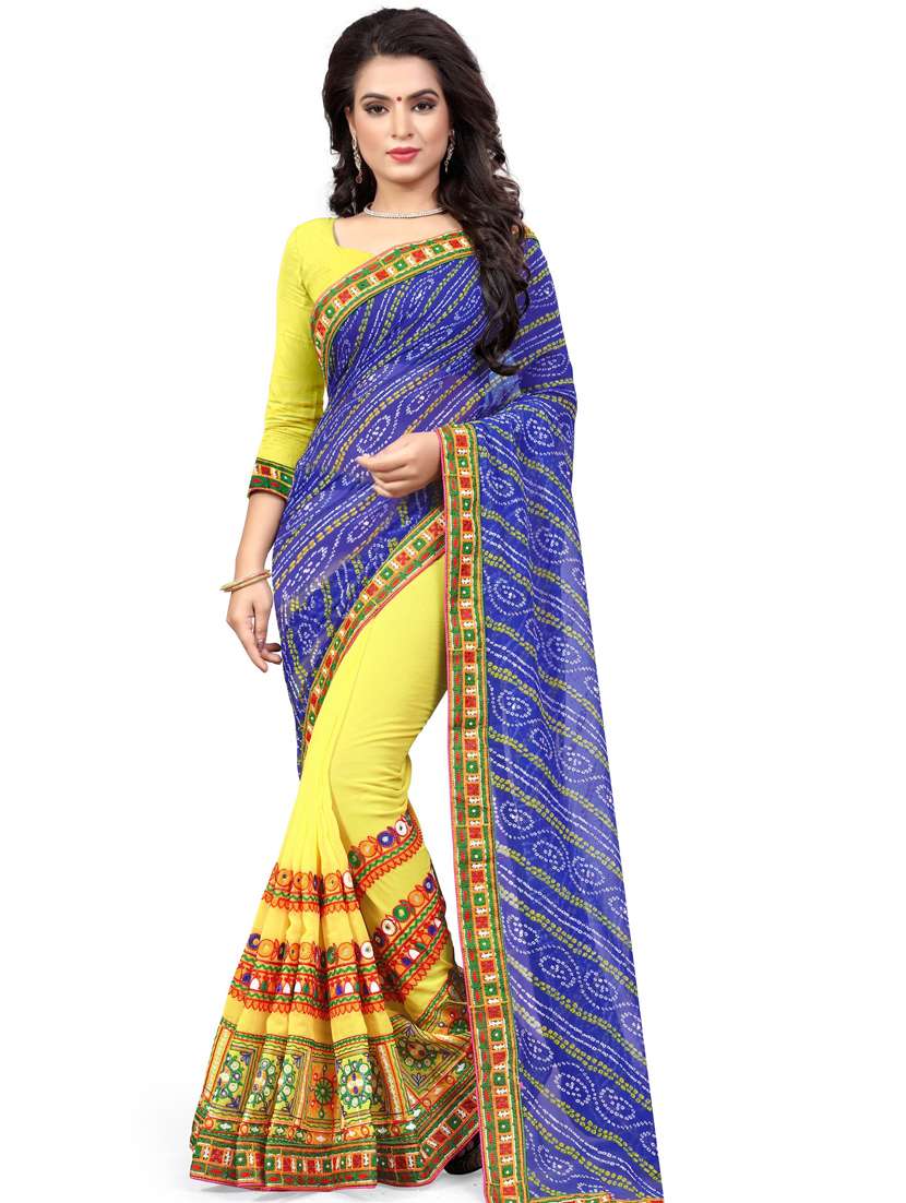 women's bandhani royal blue colored saree with blouse