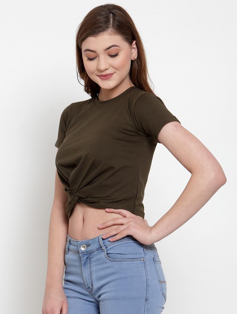 twisted front solid crop top - 18398098 -  Standard Image - 1