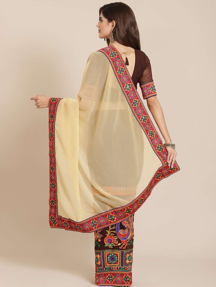 women's solid with work beige colored saree with blouse - 18398236 -  Standard Image - 1