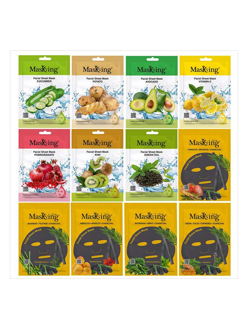 masking beauty & charcoal facial sheet mask ideal for women & men combo pack of 12