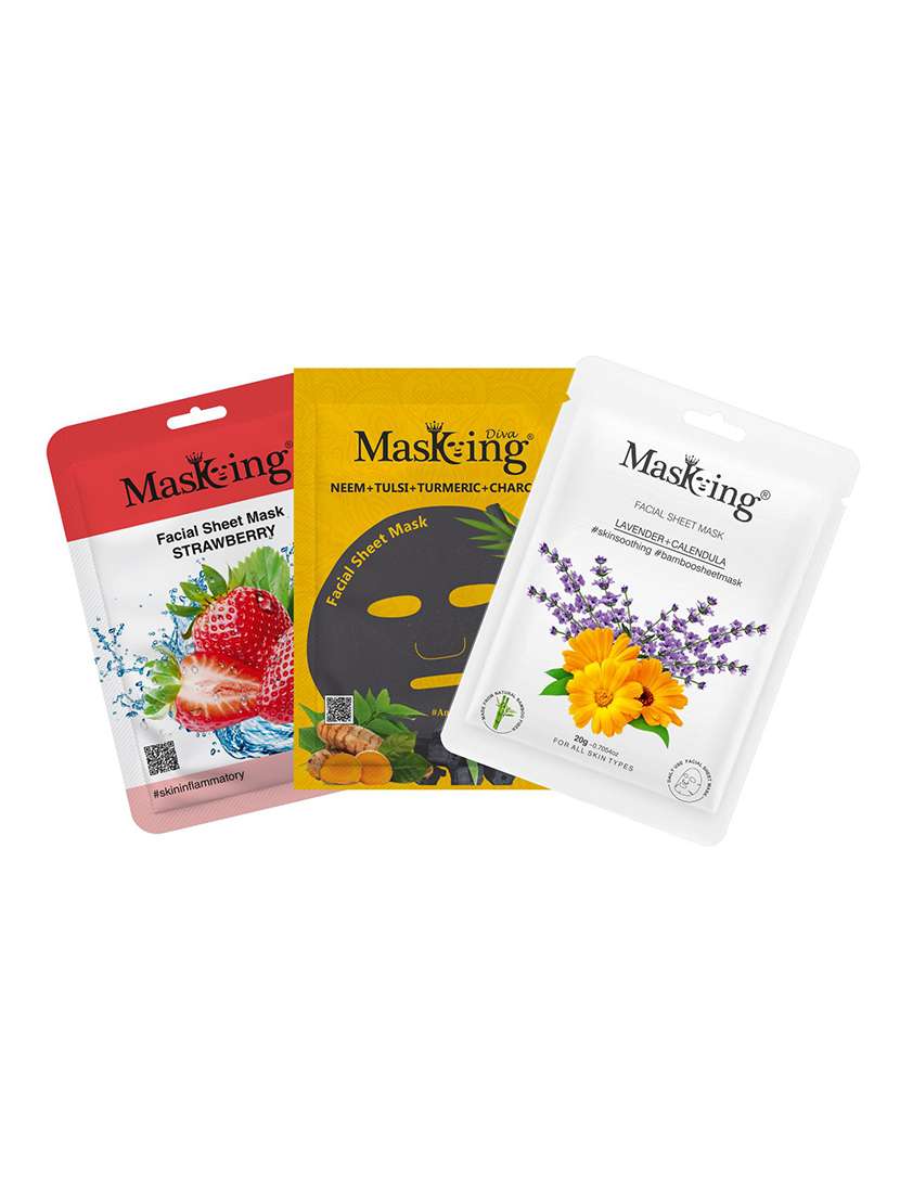 masking beauty bamboo charcoal facial sheet mask strawberry, watermelon & neem combo pack of 3