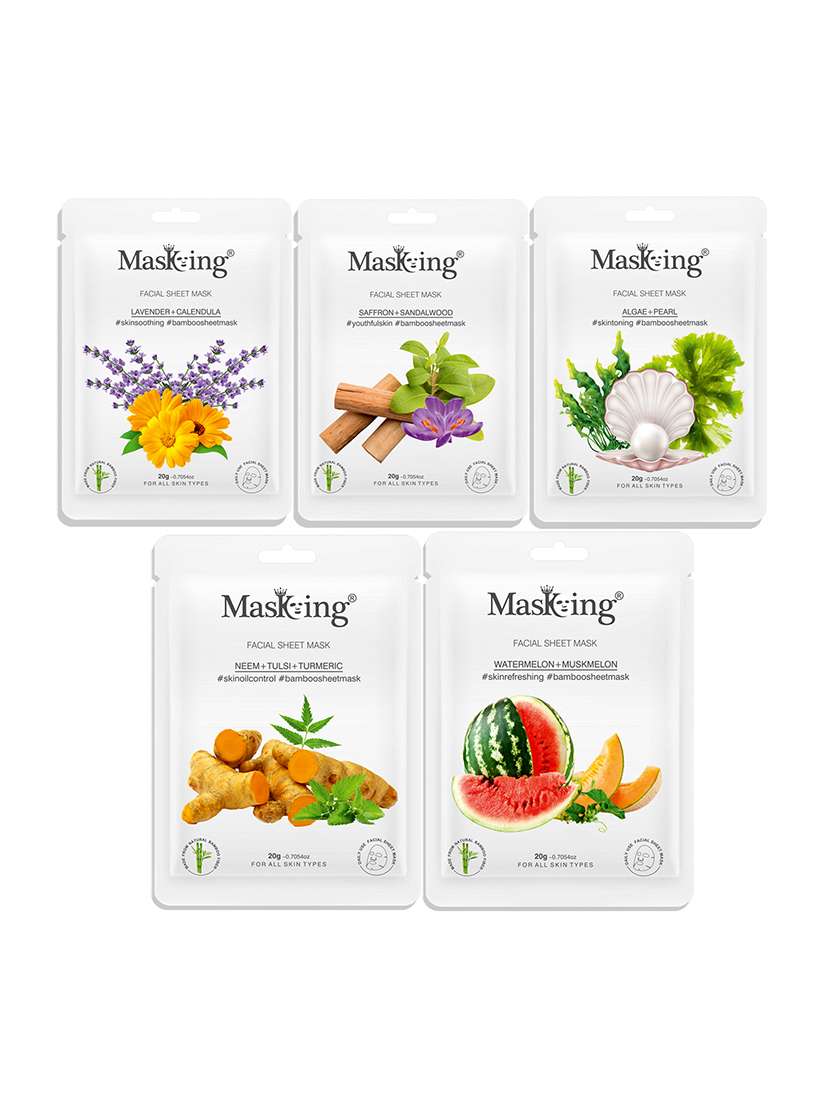 masking bamboo facial sheet mask of lavender, neem, saffron, algae & watermelon ideal for women & men (combo pack of 5) (100 g)