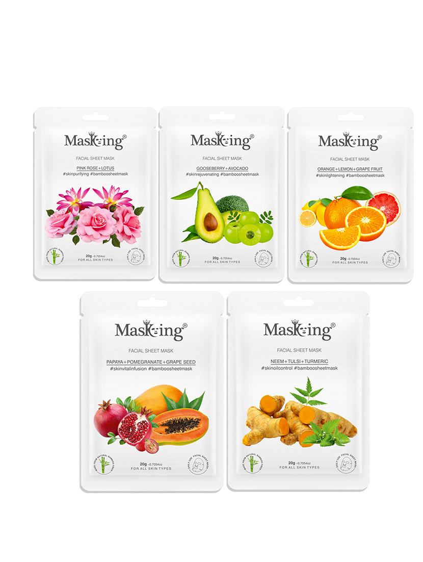 masking bamboo facial sheet mask of pink rose, gooseberry, orange, papaya & neem ideal for women & men (combo pack of 5) (100 g) - 18398607 - Zoom Image - 0