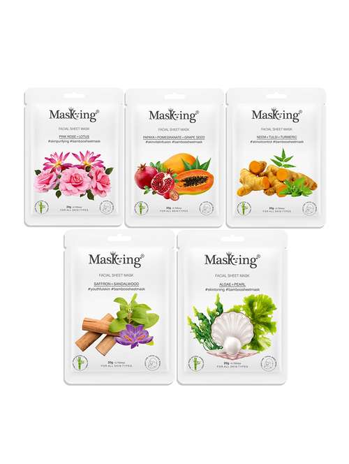 masking bamboo facial sheet mask of pink rose, papaya, neem, saffron & algae ideal for women & men (combo pack of 5) (100 g) - 18398609 - Standard Image - 0
