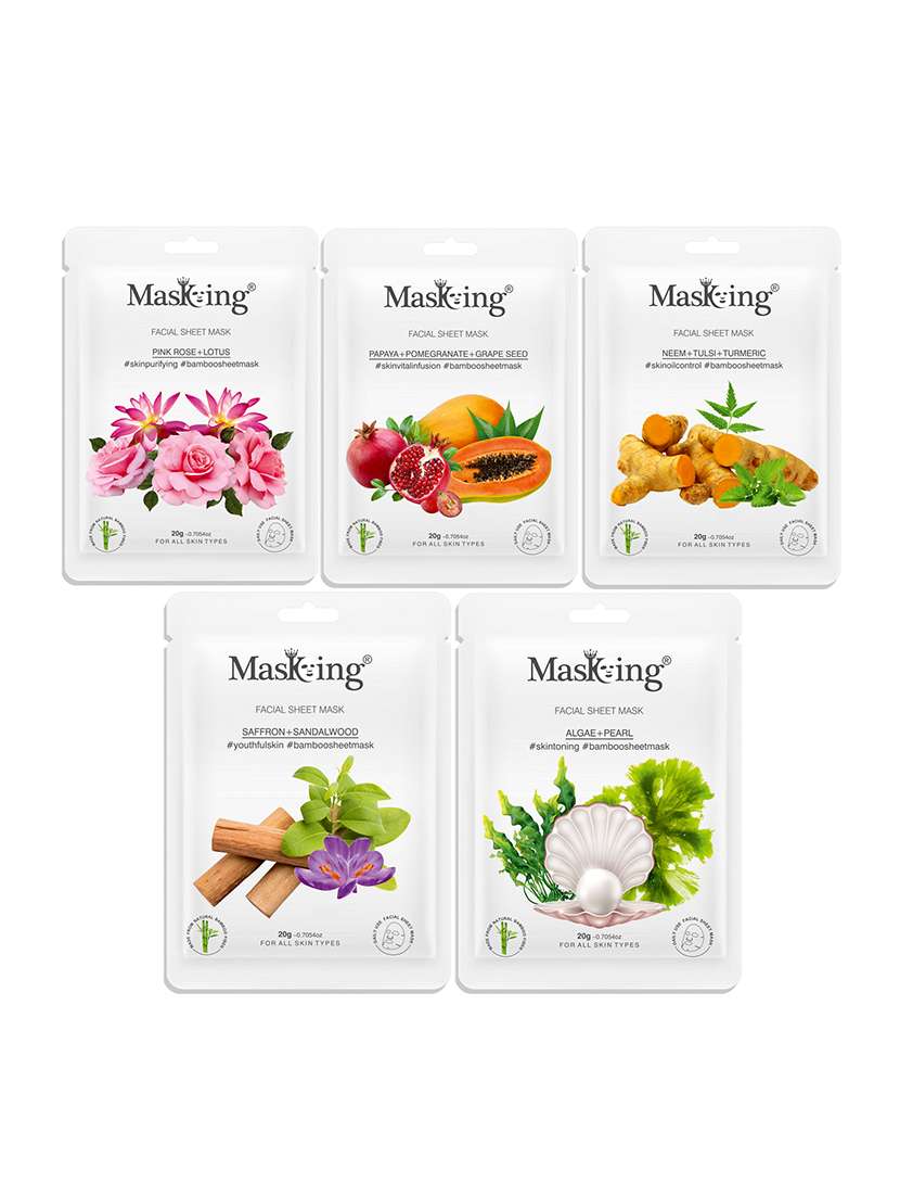 masking bamboo facial sheet mask of pink rose, papaya, neem, saffron & algae ideal for women & men (combo pack of 5) (100 g) - 18398609 - Zoom Image - 0