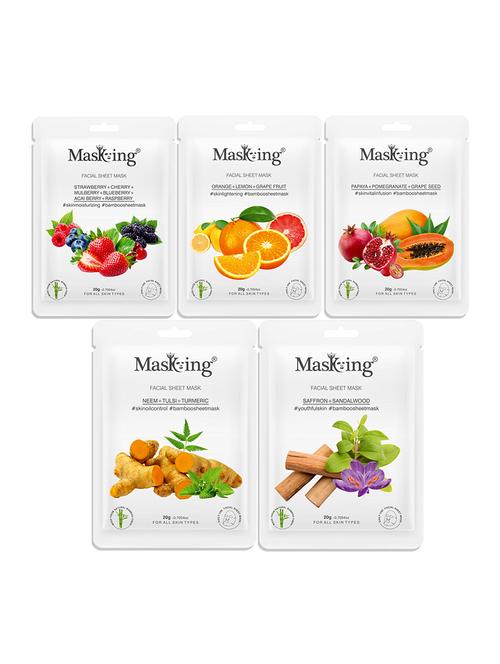 masking bamboo facial sheet mask of strawberry, orange, papaya, neem & saffron ideal for women & men (combo pack of 5) (100 g) - 18398614 -  Standard Image - 0