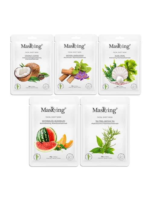 masking bamboo facial sheet mask of coffee, saffron, algae, watermelon & tea tree ideal for women & men (combo pack of 5) - 18398622 - Standard Image - 0