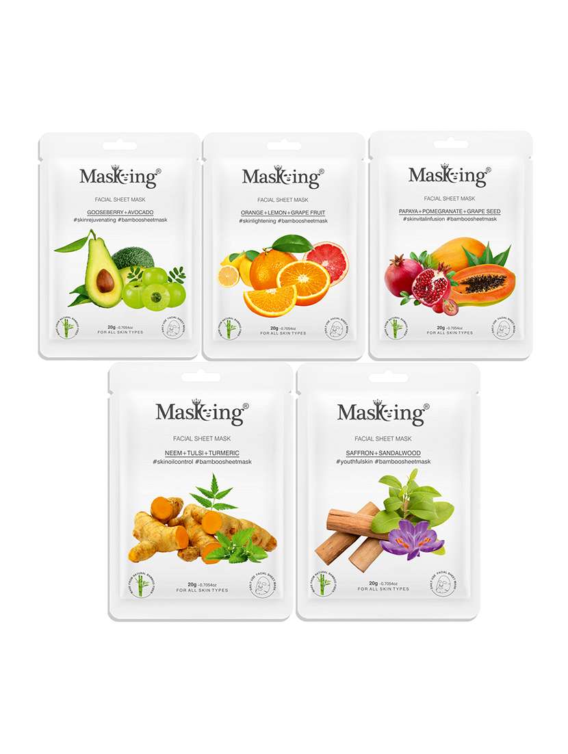 masking bamboo facial sheet mask of gooseberry, orange, papaya, neem & saffron ideal for women & men (combo pack of 5) (100 g)