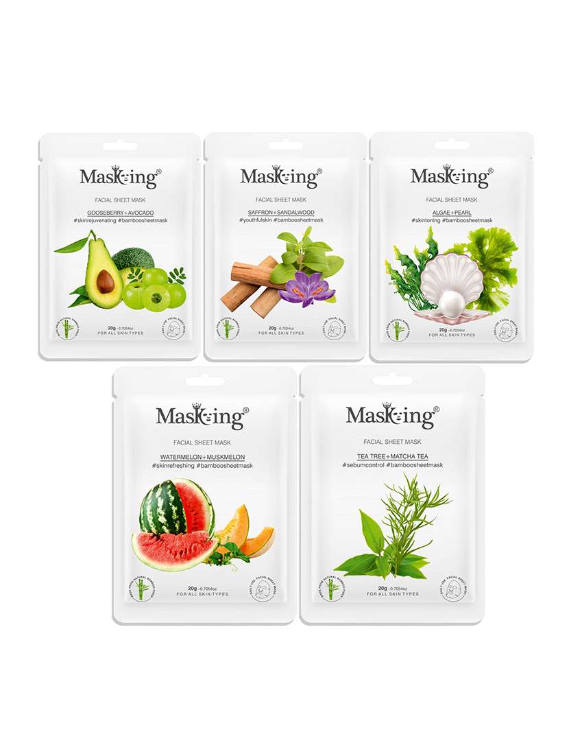 masking bamboo facial sheet mask of gooseberry, saffron, algae, watermelon & tea tree ideal for women & men (combo pack of 5)