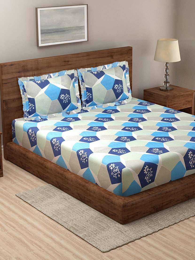 klotthe multi geometric pure 210 tc cotton blend double bedsheet with 2 frill pillow covers