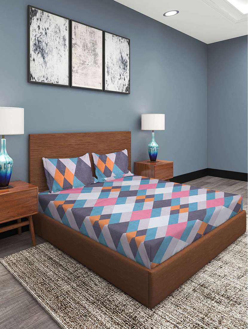 klotthe multicolor 210 tc geometric 210 tc cotton blend double bedsheet with 2 pillow covers