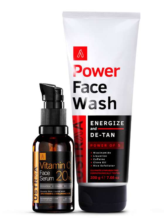 ustraa vitamin c face serum - 30ml & power face wash energize and de-tan - 200g