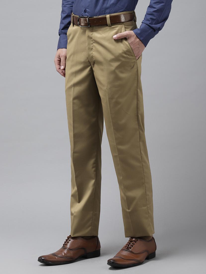 khaki solid flat front casual trouser - 18399973 -  Standard Image - 1