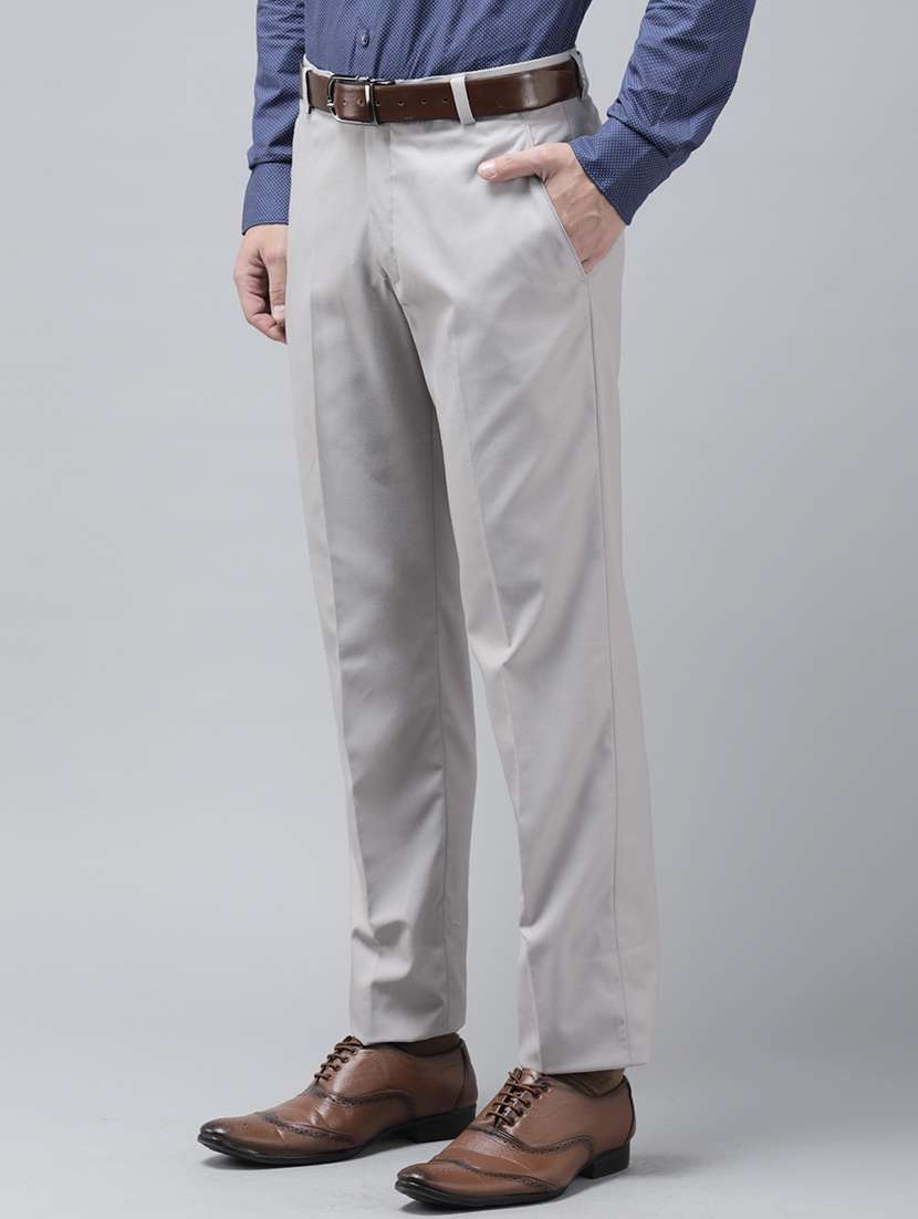 grey solid flat front casual trouser - 18399985 -  Standard Image - 1