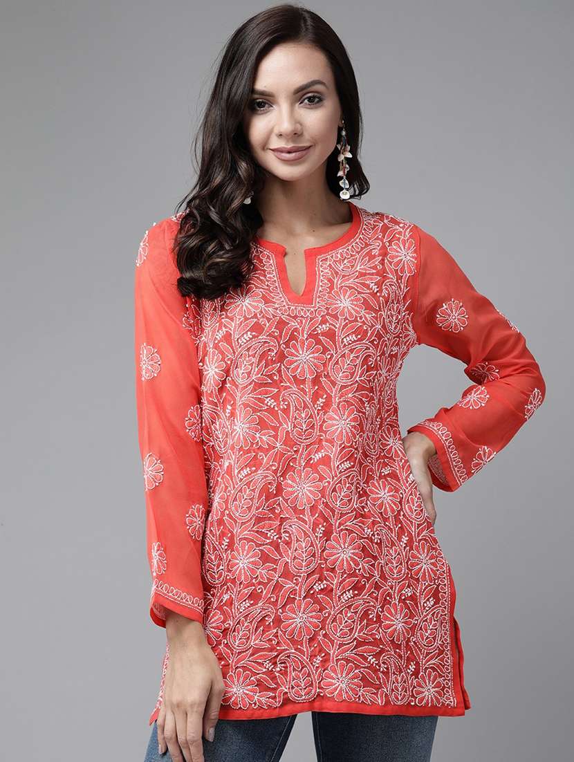 ada hand embroidered rust georgette lucknowi chikankari kurti - 18400009 -  Zoom Image - 0