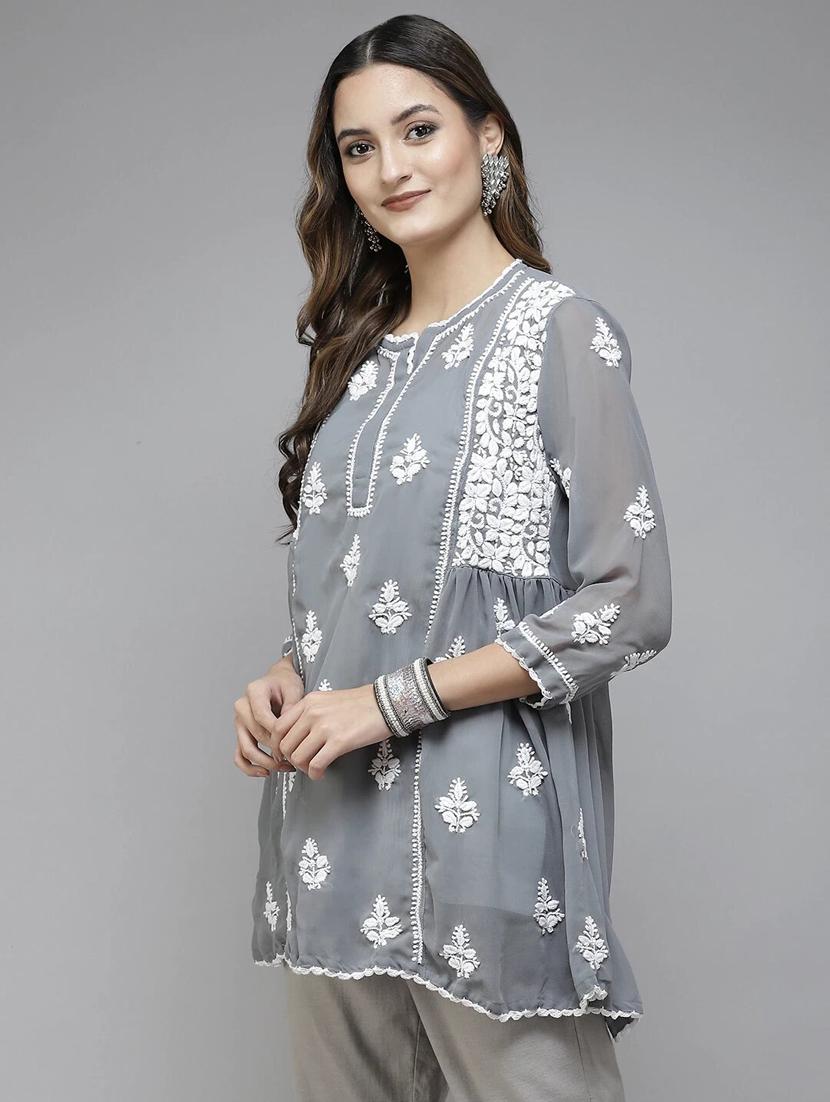 grey georgette chikankari kurti - 18400010 - Standard Image - 1