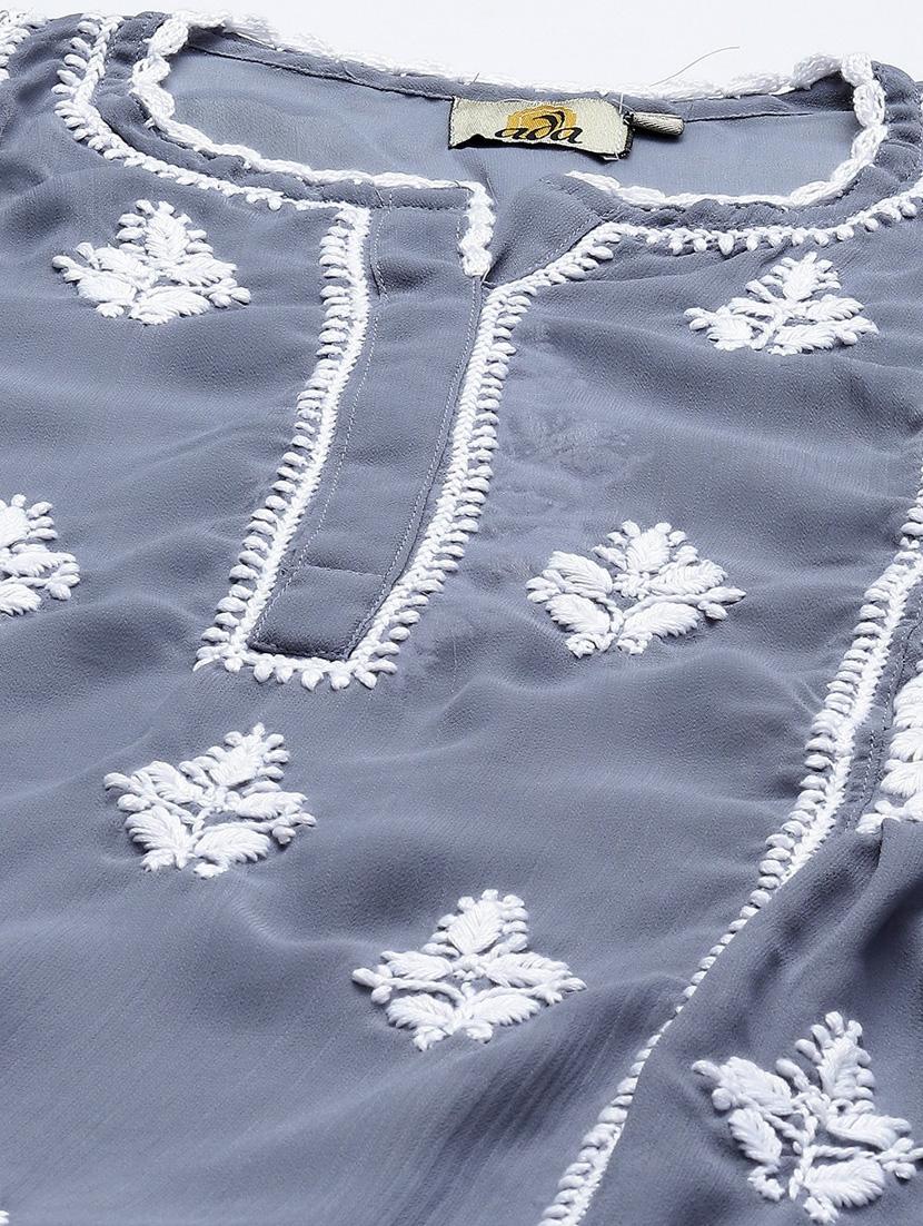 grey georgette chikankari kurti - 18400010 - Standard Image - 4