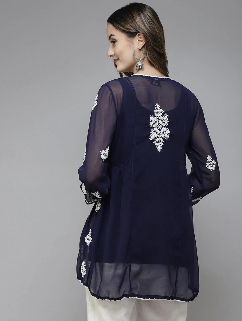 ada hand embroidered navy blue georgette lucknowi chikankari kurti with slip - 18400013 - Standard Image - 1