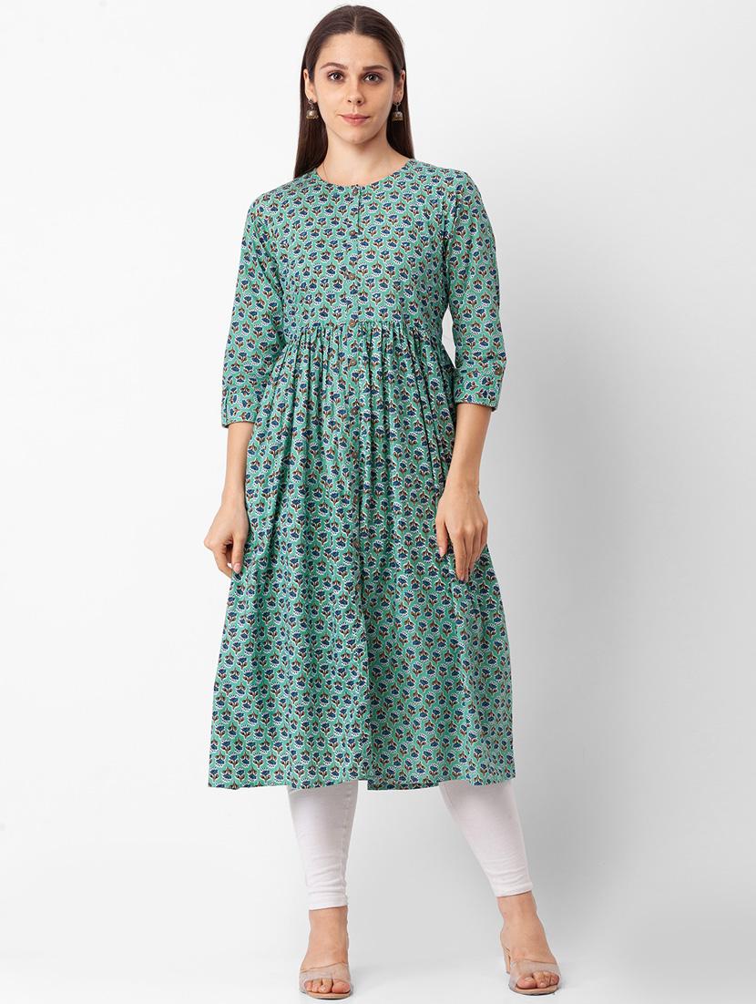 green printed fit to flare kurta - 18400231 - Standard Image - 1
