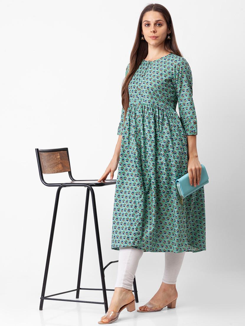 green printed fit to flare kurta - 18400231 - Standard Image - 4