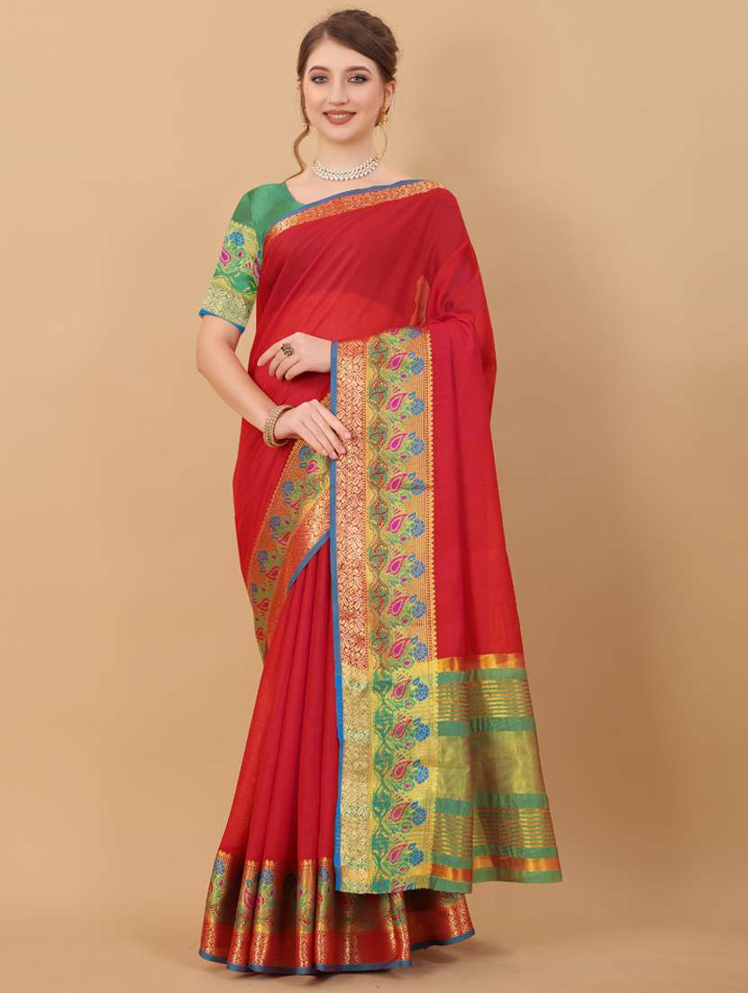 red cotton woven saree with blouse