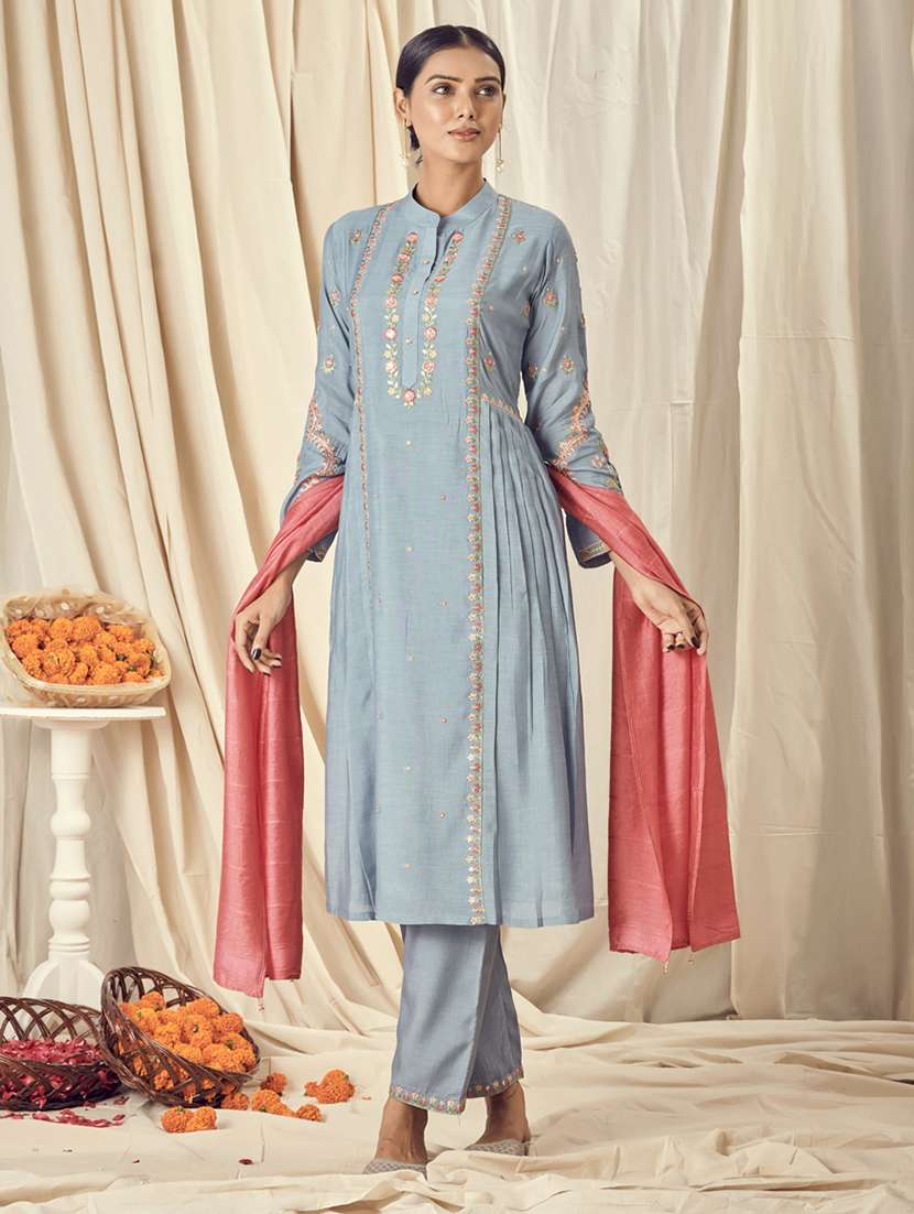 blue cotton silk kurta pant set - 18400366 - Standard Image - 1