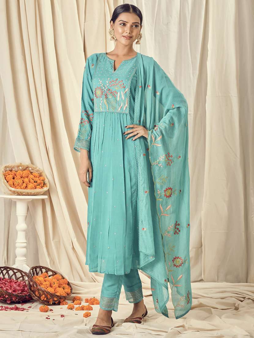 turquoise cotton silk kurta pant  set