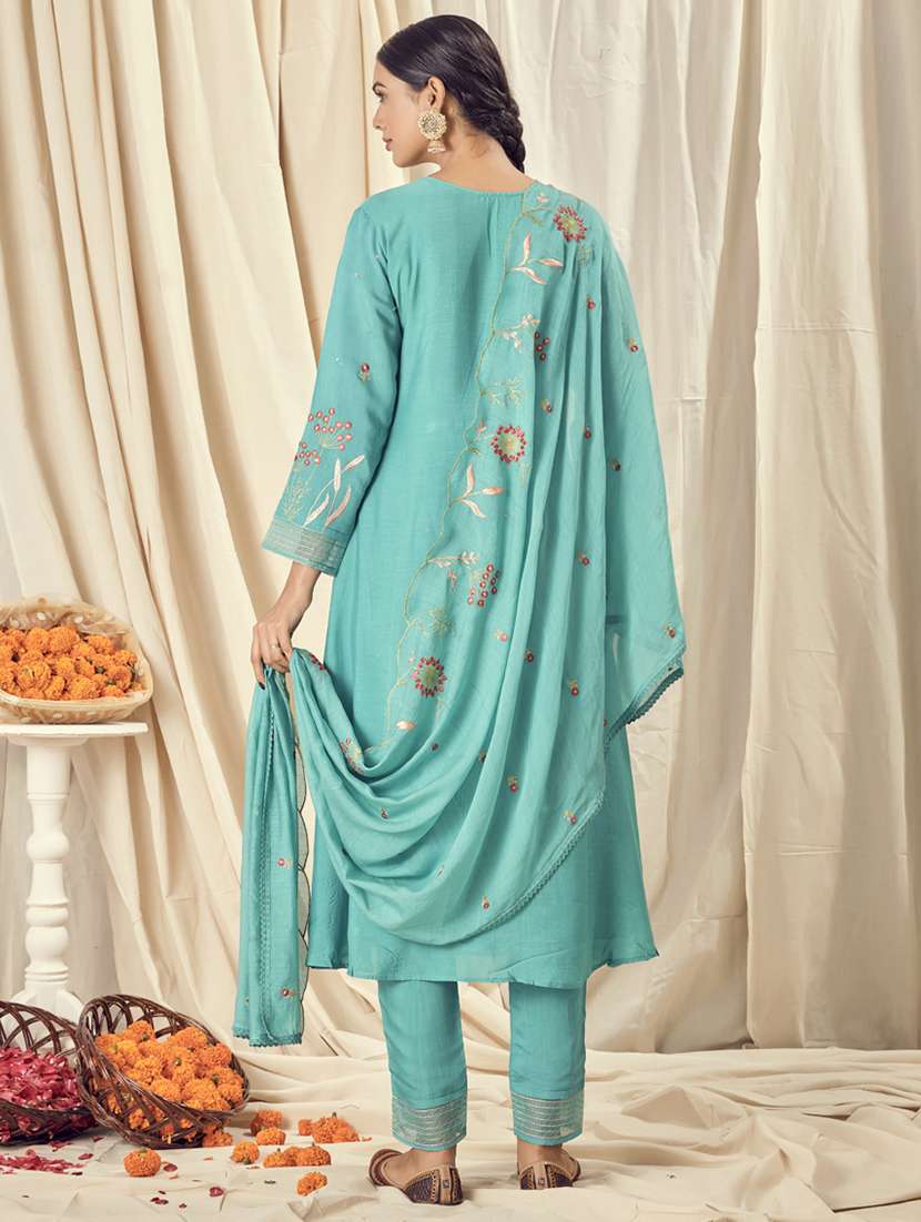 turquoise cotton silk kurta pant set - 18400368 - Standard Image - 1