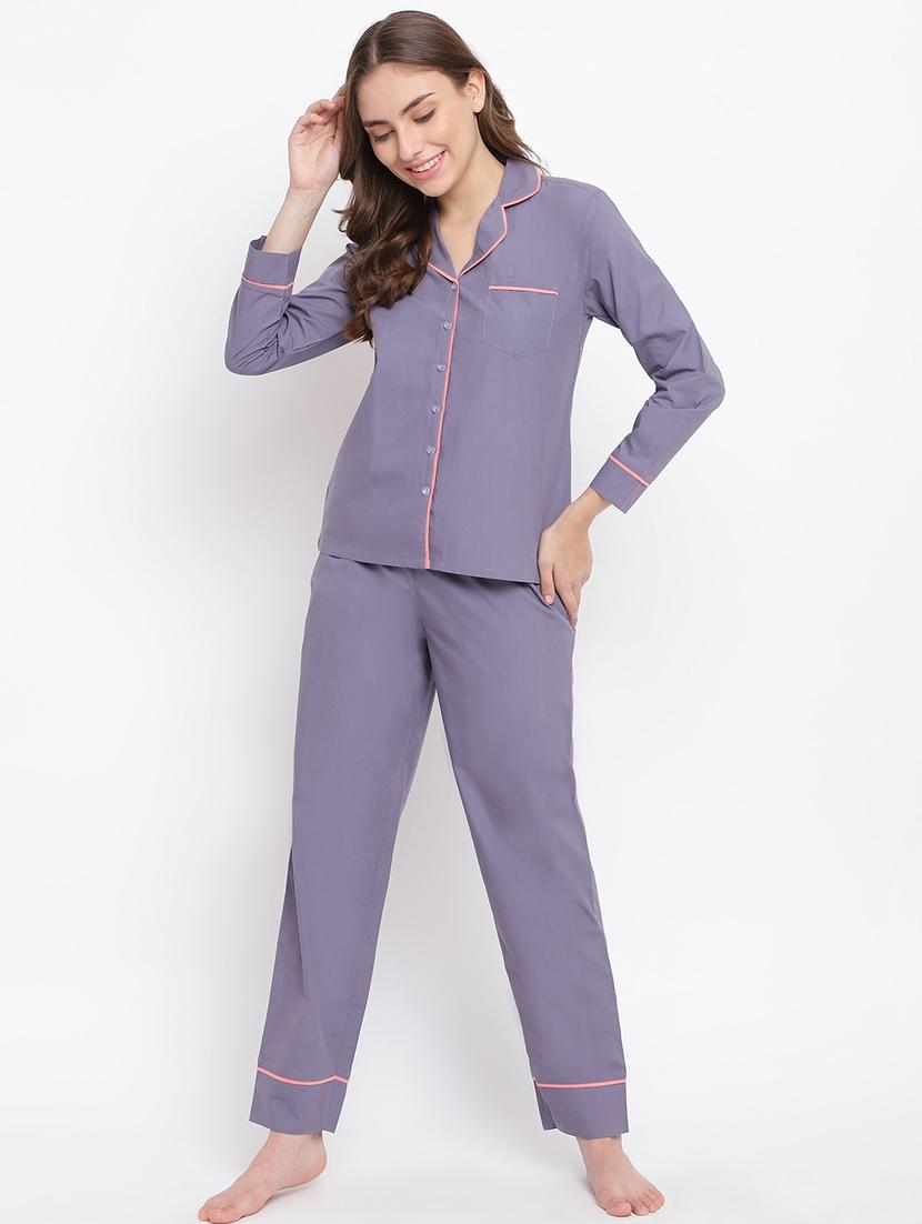 women solid nightwear pajama set - 18400724 - Standard Image - 1