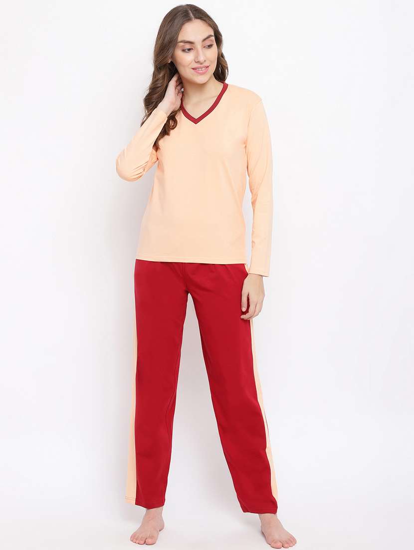 women v-neck solid nightwear pajama set - 18400725 -  Standard Image - 1