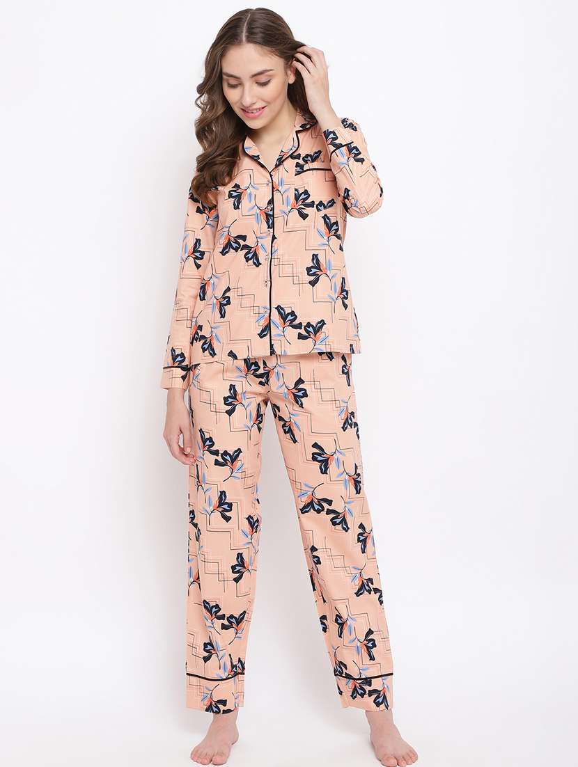 shirt collar printed nightwear pajama set - 18400726 - Standard Image - 1